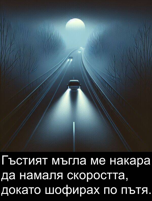 накара: Гъстият мъгла ме накара да намаля скоростта, докато шофирах по пътя.