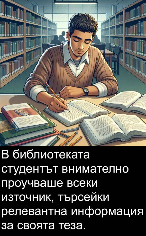 своята: В библиотеката студентът внимателно проучваше всеки източник, търсейки релевантна информация за своята теза.