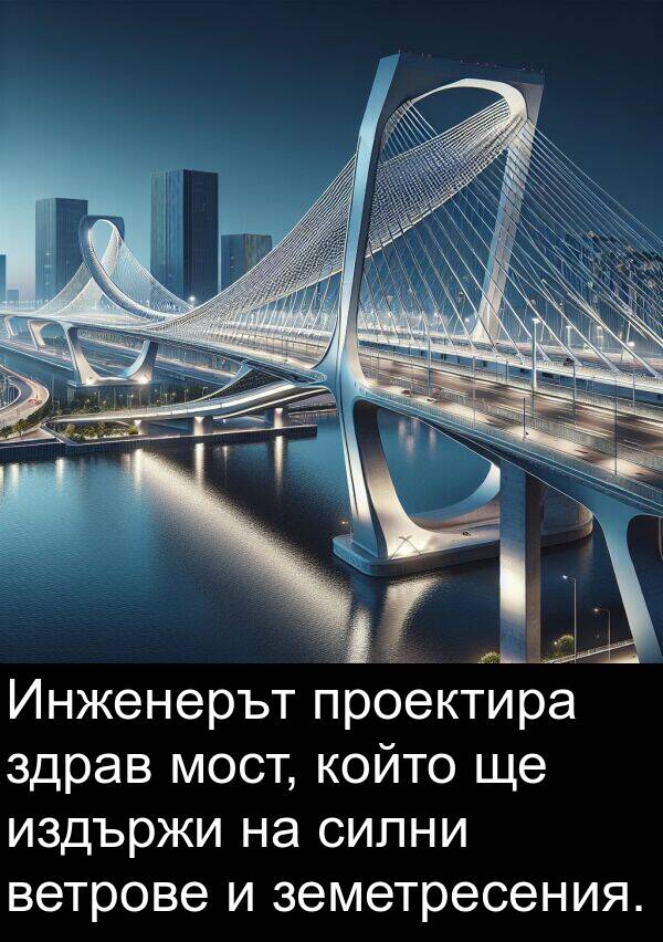 земетресения: Инженерът проектира здрав мост, който ще издържи на силни ветрове и земетресения.