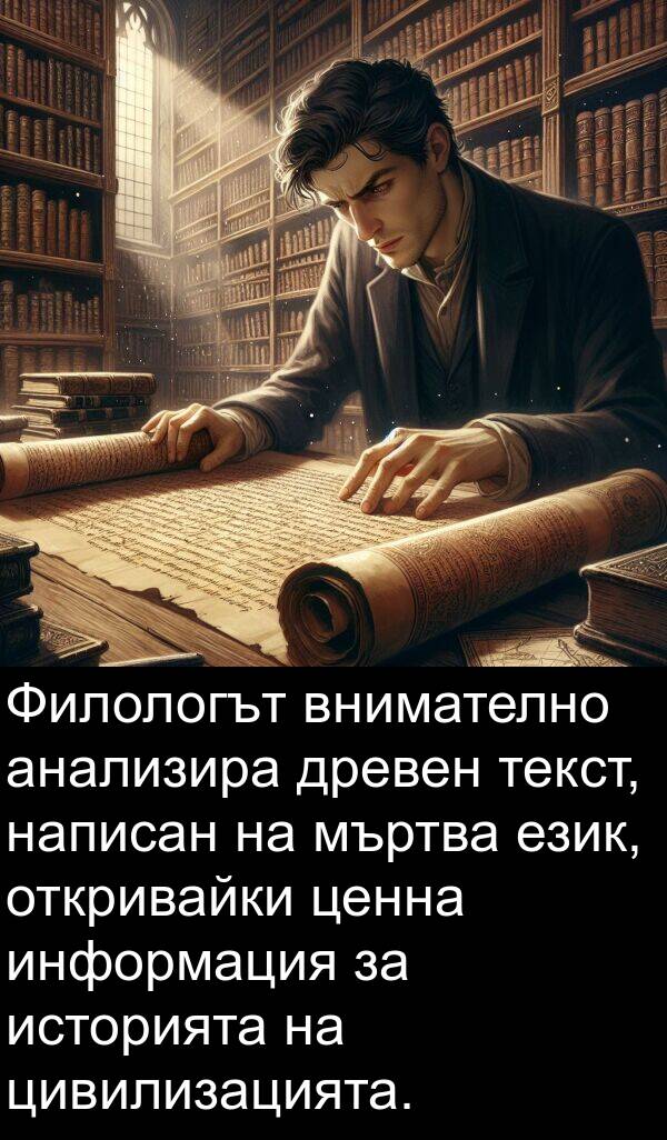 текст: Филологът внимателно анализира древен текст, написан на мъртва език, откривайки ценна информация за историята на цивилизацията.