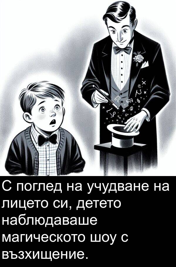 лицето: С поглед на учудване на лицето си, детето наблюдаваше магическото шоу с възхищение.