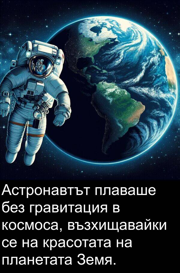 плаваше: Астронавтът плаваше без гравитация в космоса, възхищавайки се на красотата на планетата Земя.