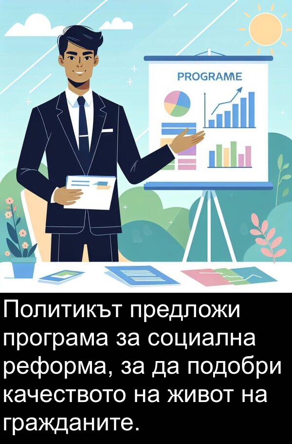 качеството: Политикът предложи програма за социална реформа, за да подобри качеството на живот на гражданите.