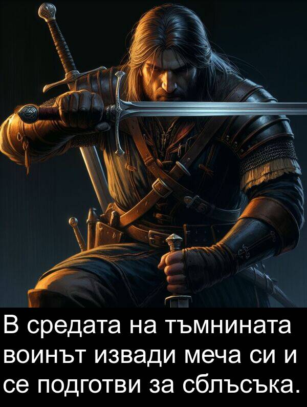 извади: В средата на тъмнината воинът извади меча си и се подготви за сблъсъка.