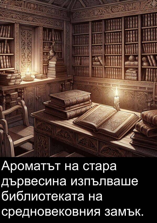 замък: Ароматът на стара дървесина изпълваше библиотеката на средновековния замък.