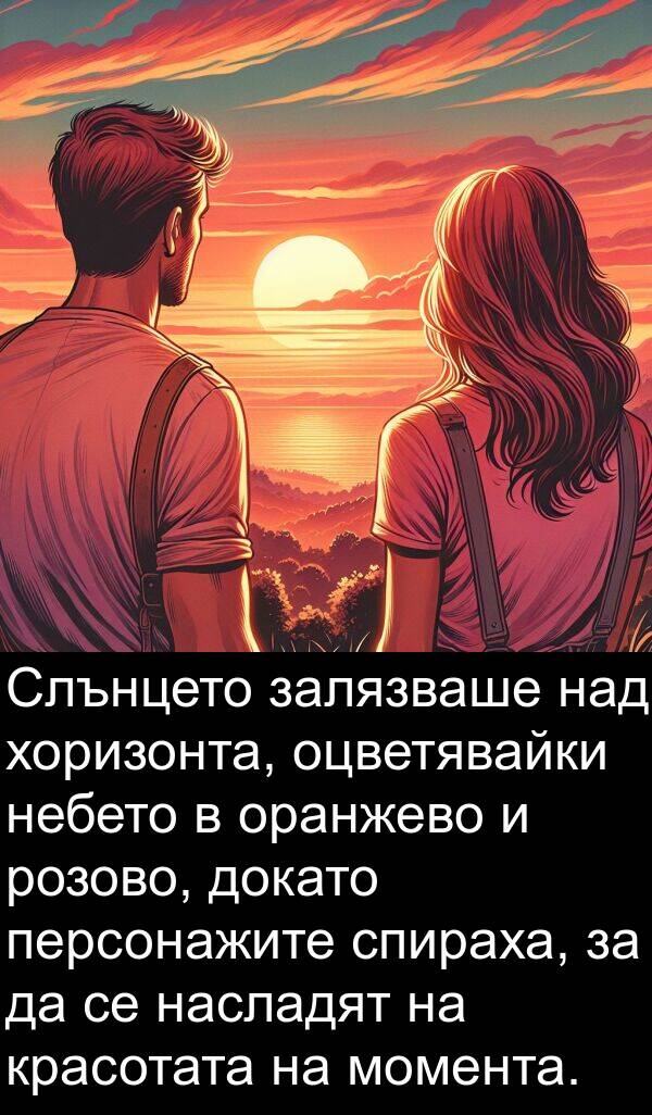 залязваше: Слънцето залязваше над хоризонта, оцветявайки небето в оранжево и розово, докато персонажите спираха, за да се насладят на красотата на момента.