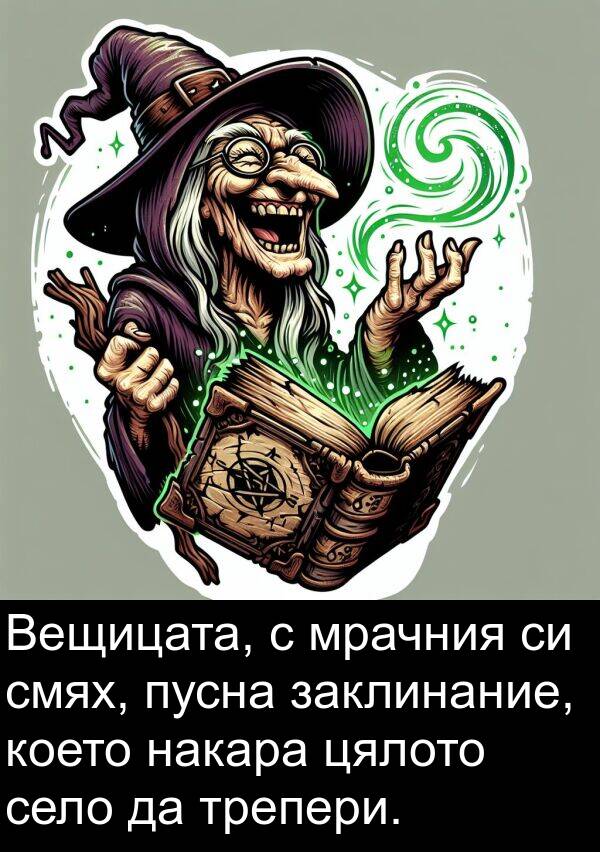 накара: Вещицата, с мрачния си смях, пусна заклинание, което накара цялото село да трепери.