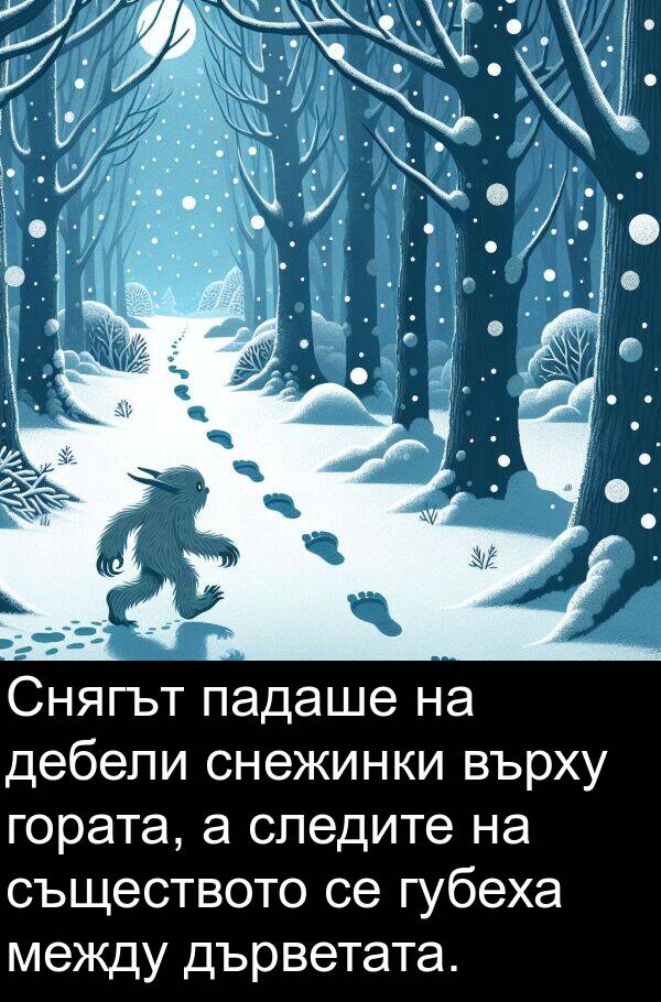 падаше: Снягът падаше на дебели снежинки върху гората, а следите на съществото се губеха между дърветата.