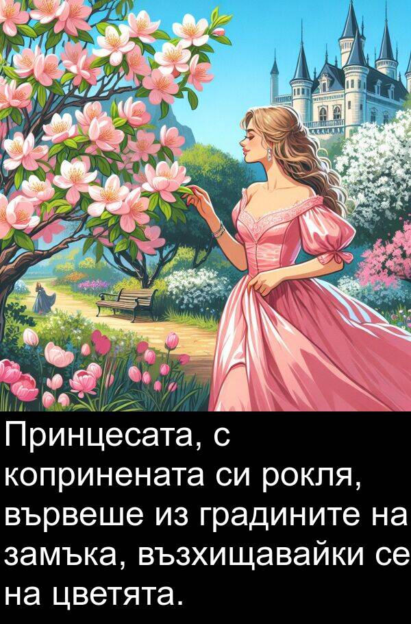 замъка: Принцесата, с копринената си рокля, вървеше из градините на замъка, възхищавайки се на цветята.