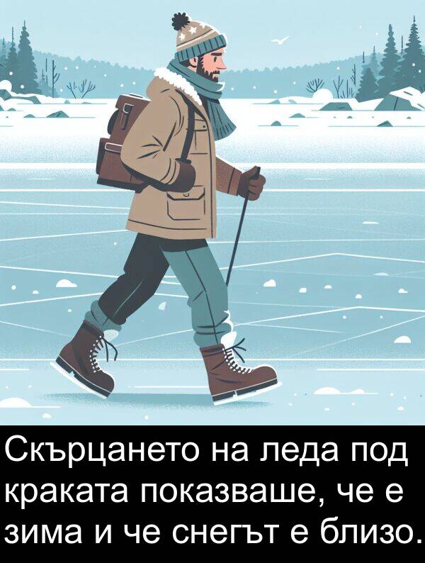 зима: Скърцането на леда под краката показваше, че е зима и че снегът е близо.