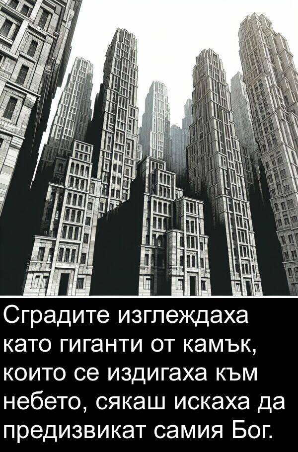 изглеждаха: Сградите изглеждаха като гиганти от камък, които се издигаха към небето, сякаш искаха да предизвикат самия Бог.