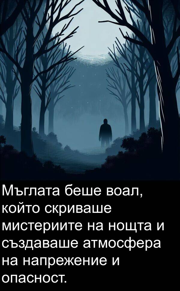 мистериите: Мъглата беше воал, който скриваше мистериите на нощта и създаваше атмосфера на напрежение и опасност.