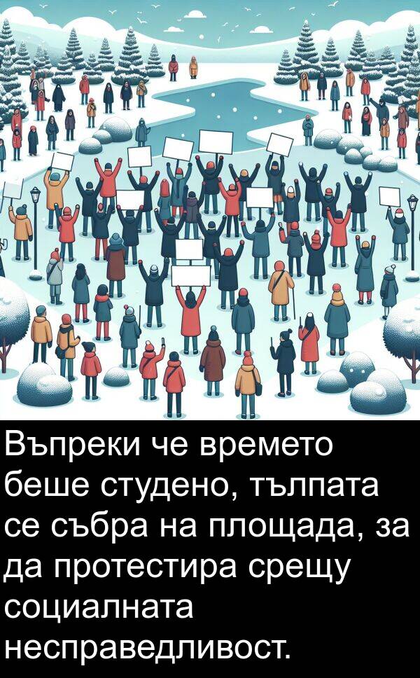 протестира: Въпреки че времето беше студено, тълпата се събра на площада, за да протестира срещу социалната несправедливост.