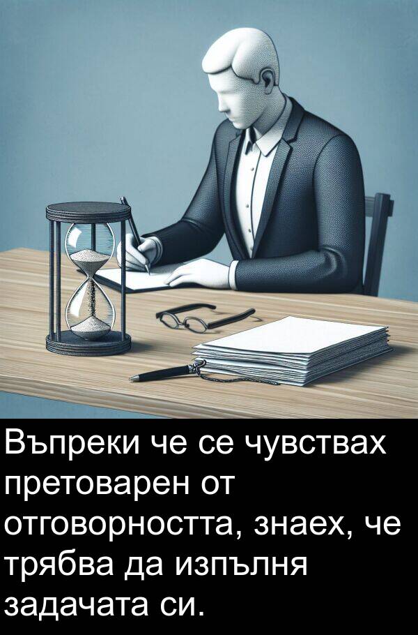 задачата: Въпреки че се чувствах претоварен от отговорността, знаех, че трябва да изпълня задачата си.