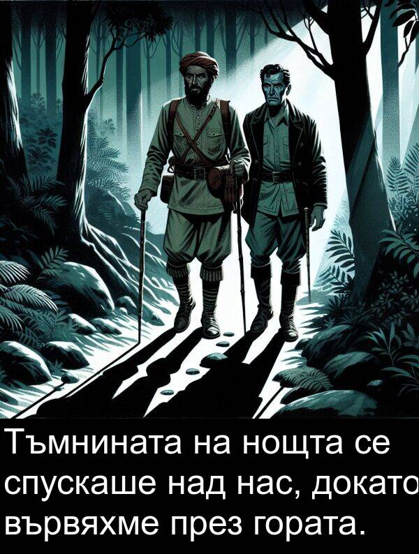 гората: Тъмнината на нощта се спускаше над нас, докато вървяхме през гората.