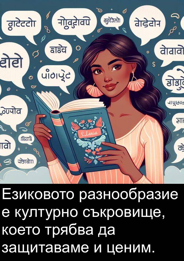 ценим: Езиковото разнообразие е културно съкровище, което трябва да защитаваме и ценим.