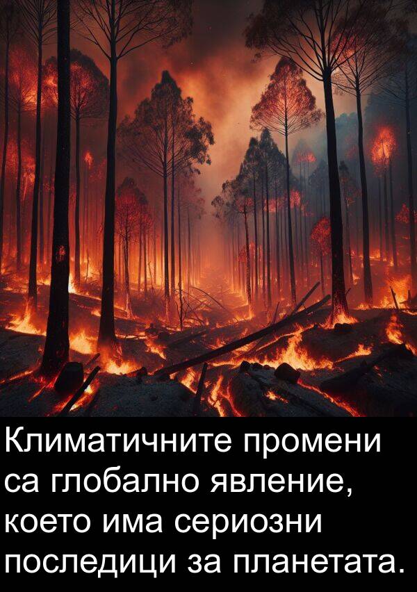 явление: Климатичните промени са глобално явление, което има сериозни последици за планетата.