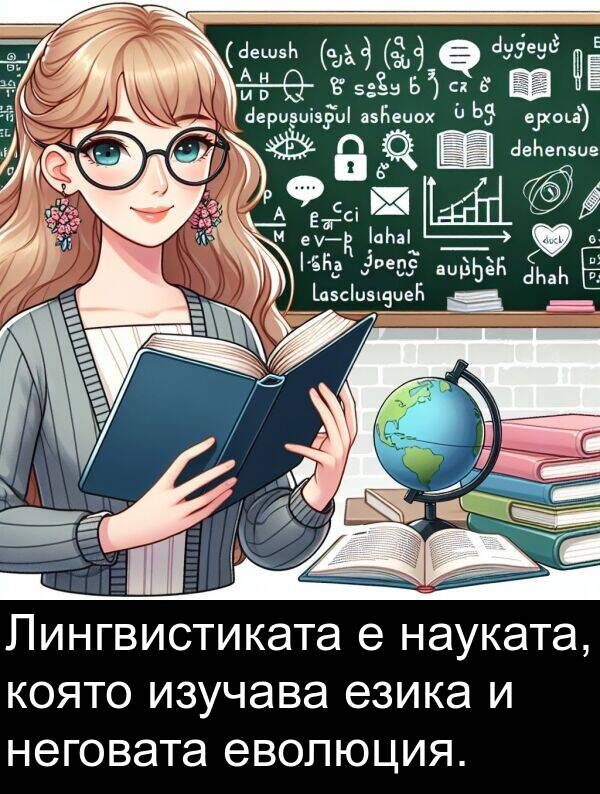 езика: Лингвистиката е науката, която изучава езика и неговата еволюция.