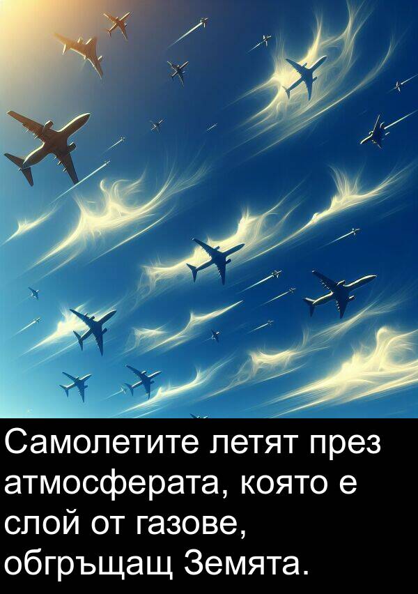 газове: Самолетите летят през атмосферата, която е слой от газове, обгръщащ Земята.