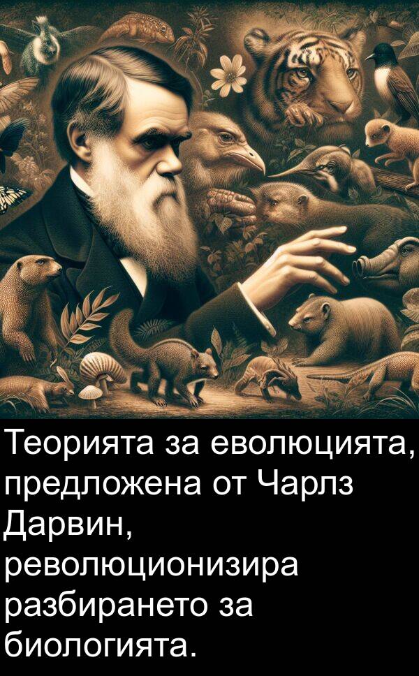 разбирането: Теорията за еволюцията, предложена от Чарлз Дарвин, революционизира разбирането за биологията.