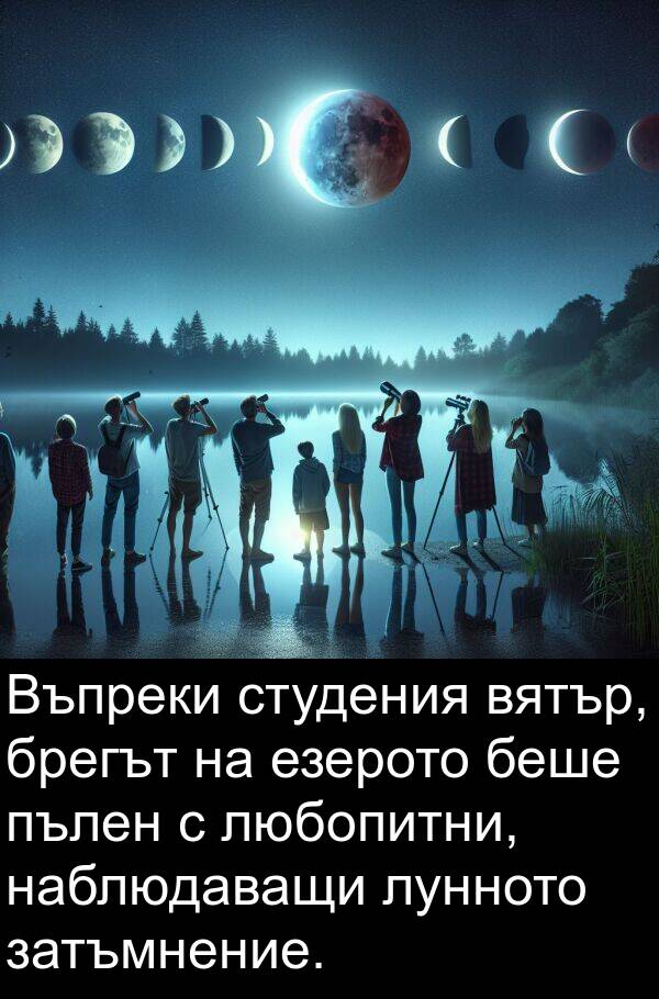 пълен: Въпреки студения вятър, брегът на езерото беше пълен с любопитни, наблюдаващи лунното затъмнение.