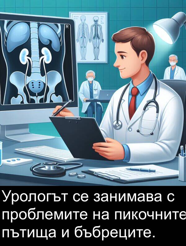 занимава: Урологът се занимава с проблемите на пикочните пътища и бъбреците.