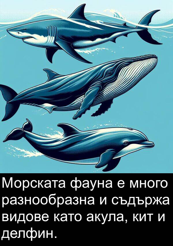 кит: Морската фауна е много разнообразна и съдържа видове като акула, кит и делфин.