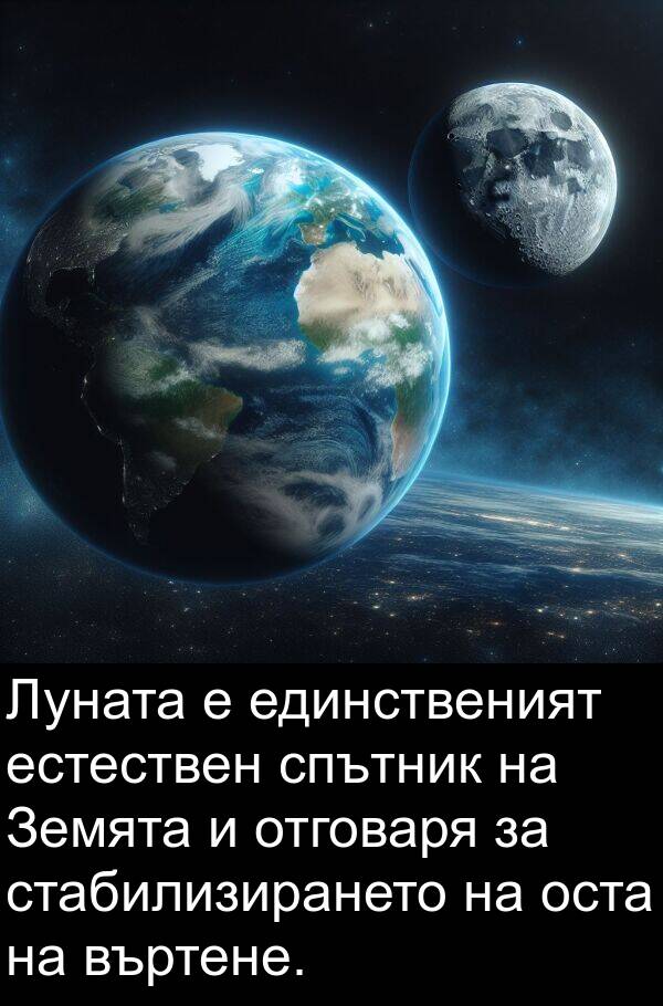 естествен: Луната е единственият естествен спътник на Земята и отговаря за стабилизирането на оста на въртене.