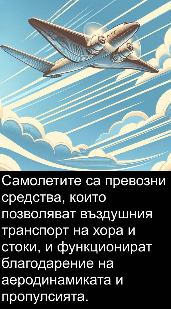 функционират: Самолетите са превозни средства, които позволяват въздушния транспорт на хора и стоки, и функционират благодарение на аеродинамиката и пропулсията.