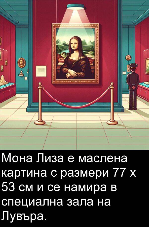 зала: Мона Лиза е маслена картина с размери 77 x 53 см и се намира в специална зала на Лувъра.