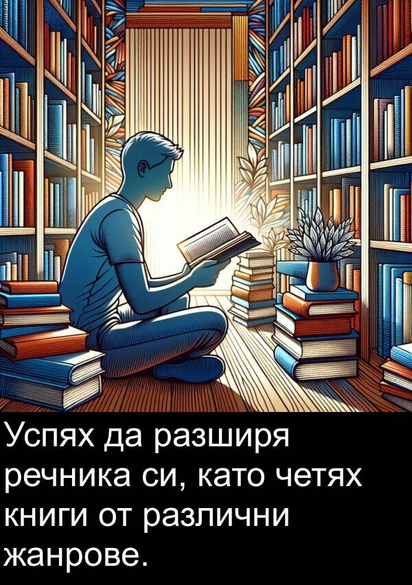 като: Успях да разширя речника си, като четях книги от различни жанрове.