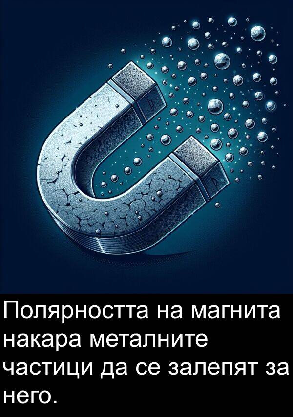 магнита: Полярността на магнита накара металните частици да се залепят за него.