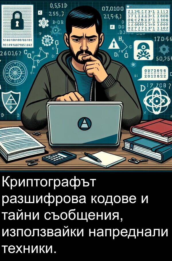 техники: Криптографът разшифрова кодове и тайни съобщения, използвайки напреднали техники.