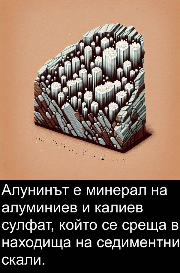 минерал: Алунинът е минерал на алуминиев и калиев сулфат, който се среща в находища на седиментни скали.