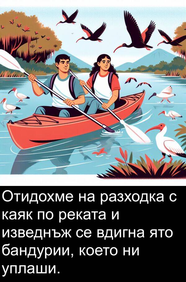 изведнъж: Отидохме на разходка с каяк по реката и изведнъж се вдигна ято бандурии, което ни уплаши.