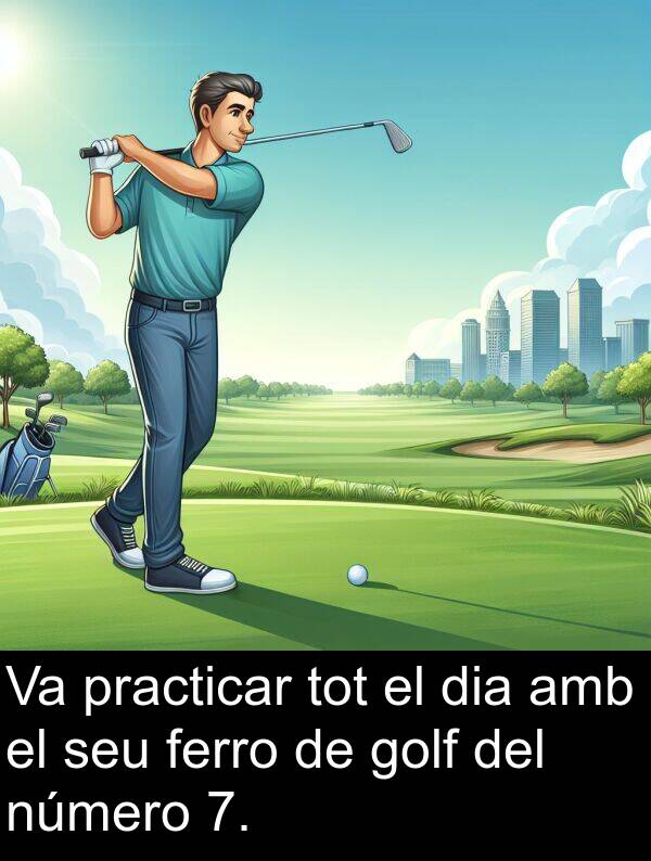 número: Va practicar tot el dia amb el seu ferro de golf del número 7.