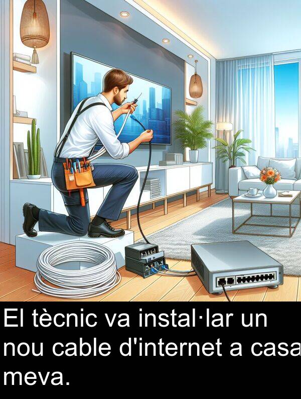 cable: El tècnic va instal·lar un nou cable d'internet a casa meva.