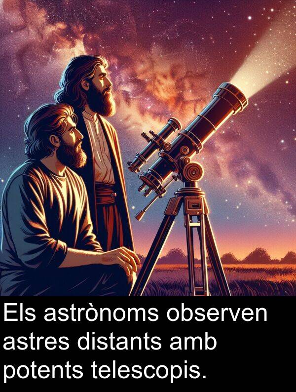 observen: Els astrònoms observen astres distants amb potents telescopis.