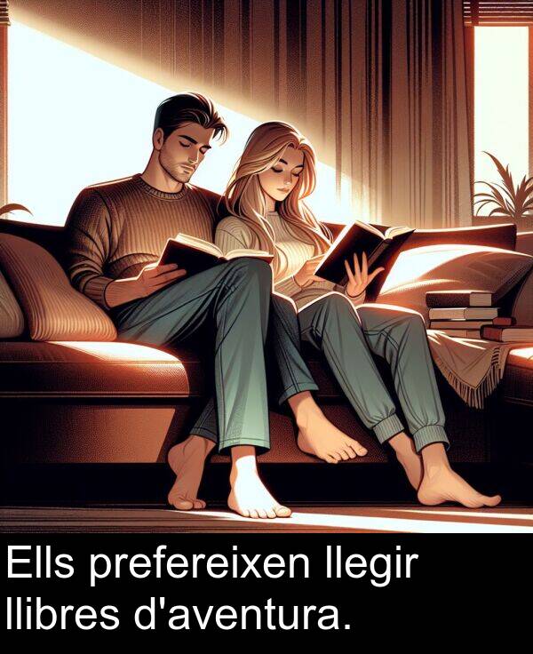 llegir: Ells prefereixen llegir llibres d'aventura.