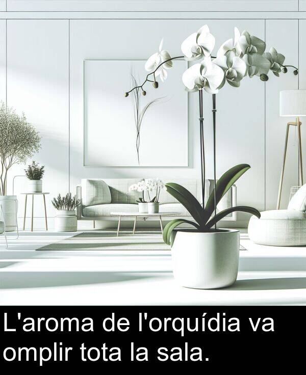 omplir: L'aroma de l'orquídia va omplir tota la sala.