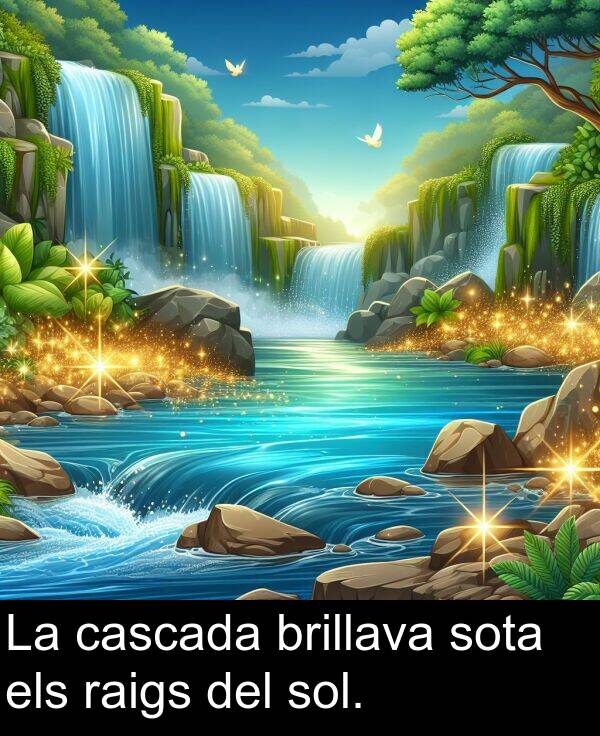 els: La cascada brillava sota els raigs del sol.