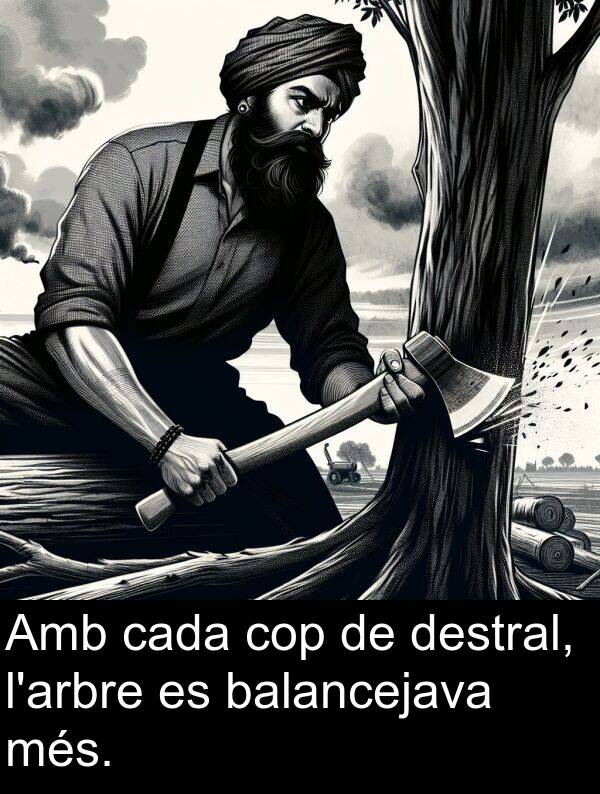 cada: Amb cada cop de destral, l'arbre es balancejava més.