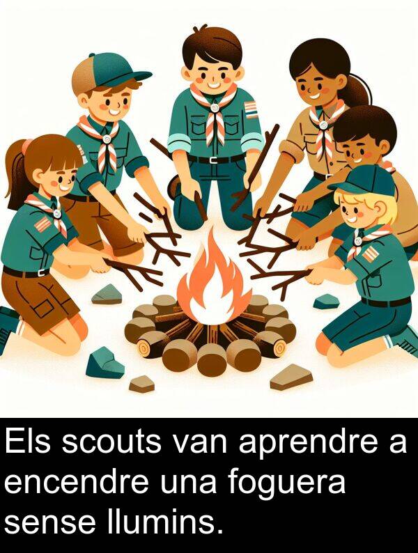 llumins: Els scouts van aprendre a encendre una foguera sense llumins.