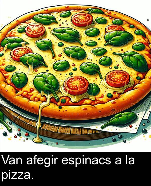 afegir: Van afegir espinacs a la pizza.