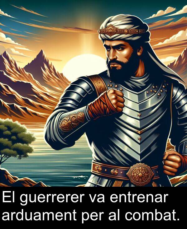 entrenar: El guerrerer va entrenar arduament per al combat.