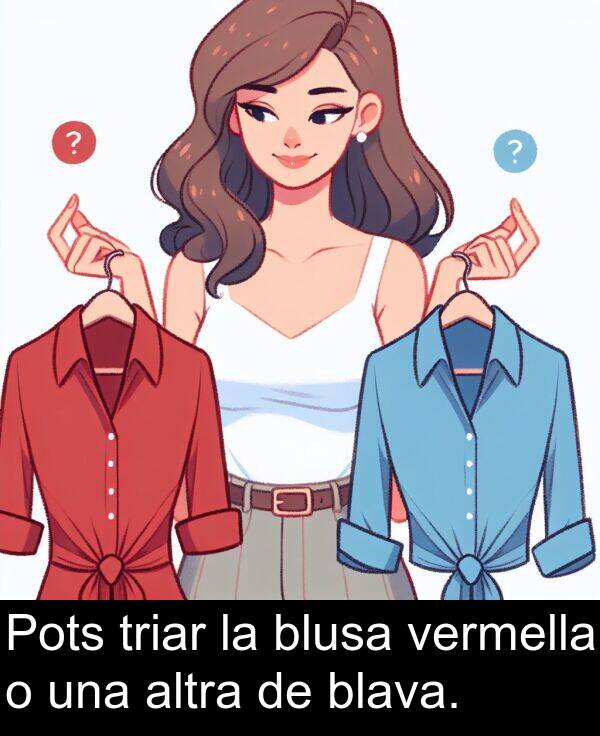 blusa: Pots triar la blusa vermella o una altra de blava.