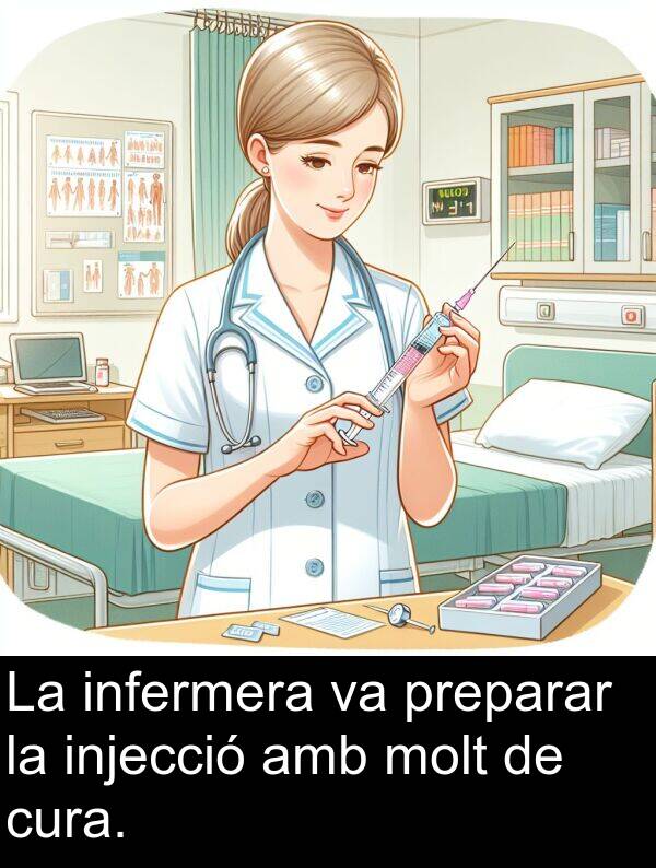 injecció: La infermera va preparar la injecció amb molt de cura.