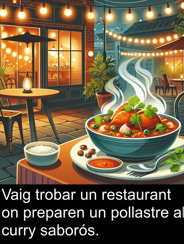 saborós: Vaig trobar un restaurant on preparen un pollastre al curry saborós.