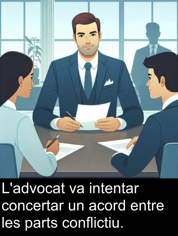 parts: L'advocat va intentar concertar un acord entre les parts conflictiu.