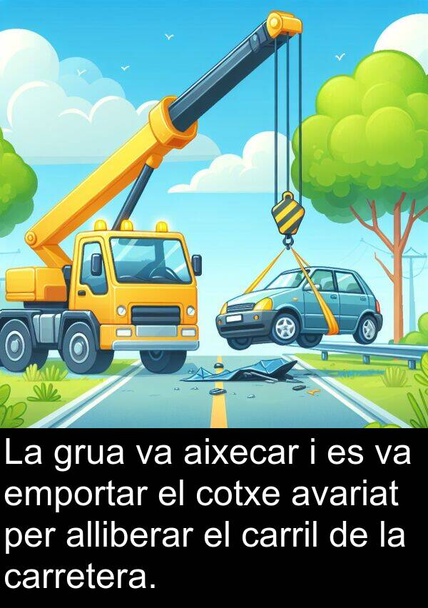 aixecar: La grua va aixecar i es va emportar el cotxe avariat per alliberar el carril de la carretera.